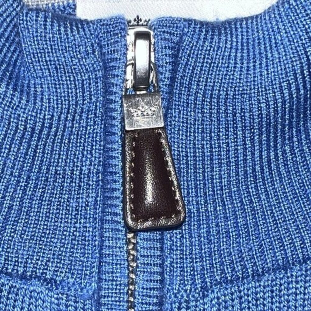 Peter Millar Sweater Men XL Merino Wool Silk Blend Quarter Zip Blue Leather Trim - Picture 6 of 9
